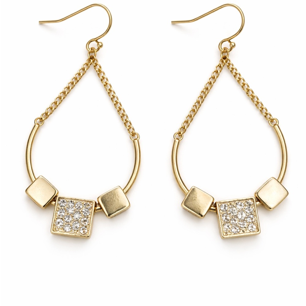 Premier Designs "Urban Grid" Gold Geometric Pave Crystal Drop Earrings Modern